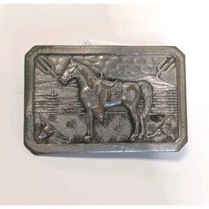 Horse Belt Buckle VOGEL Western Cowboy Ranch Landscape Scene Vintage 1940s